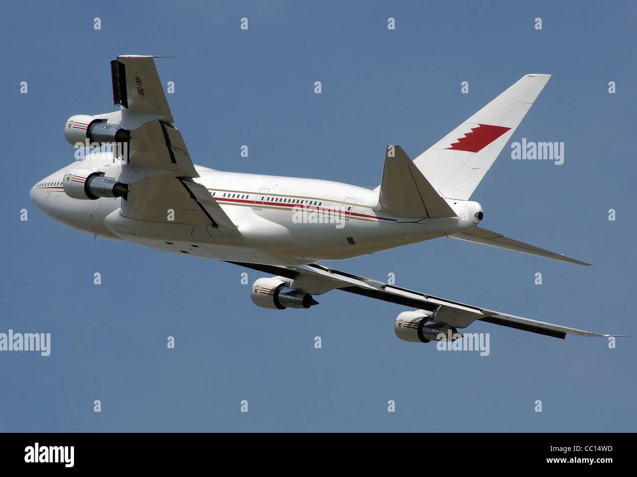 Bahrain Royal volo Boeing 747SP-21 (A9C-HMH) decollo dall'Aeroporto Heathrow di Londra. Foto Stock