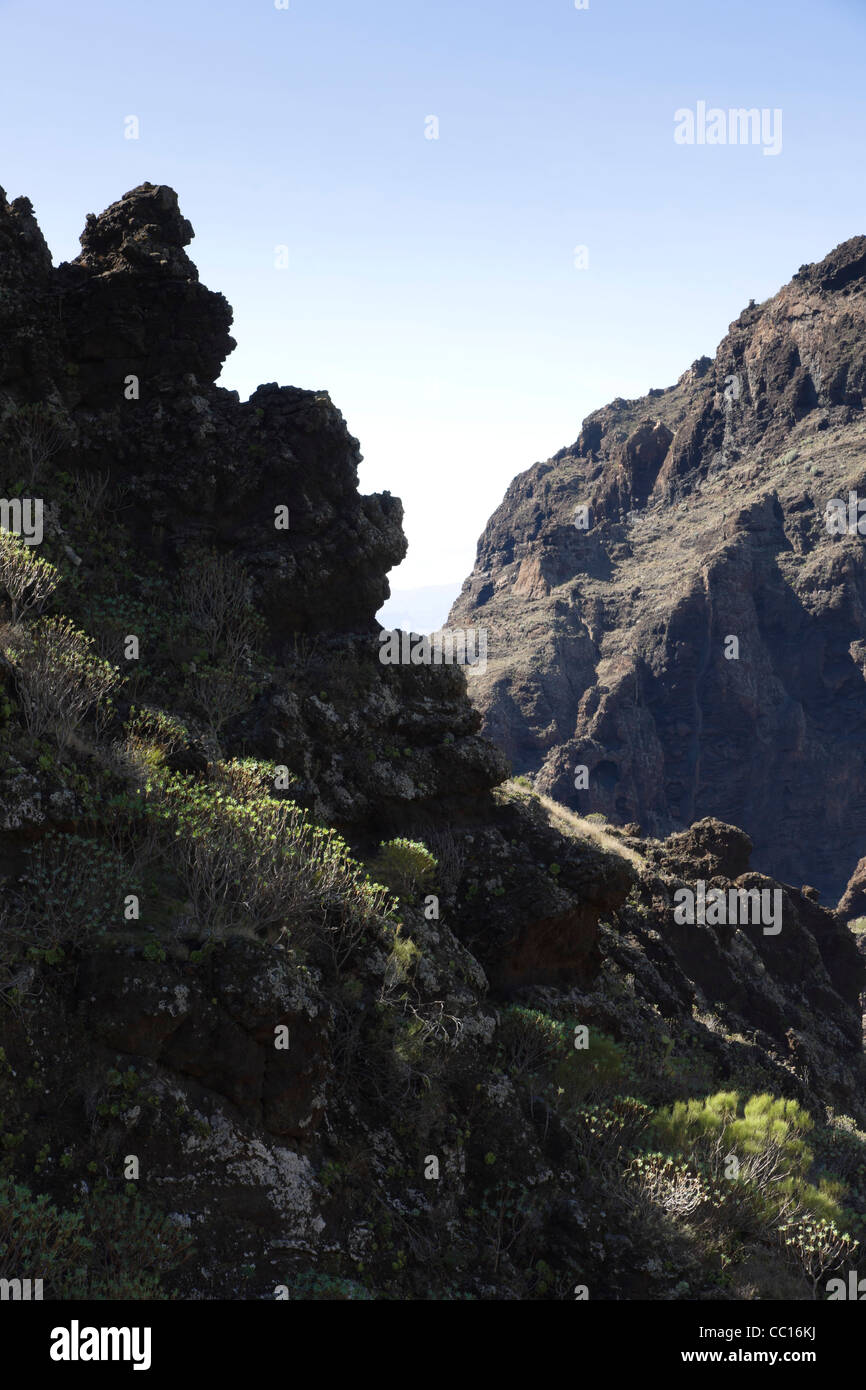 Masca, vetrina di montagna villaggio turistico a Buenavista del Norte regione di Tenerife. Vista del terreno. Foto Stock