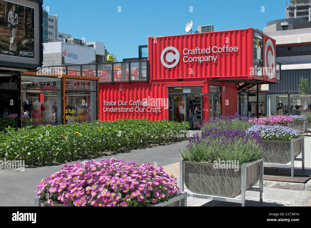 Temporanea area retail, dovuta ai danni del terremoto del 22.02.2011 a Christchurch Nuova Zelanda Foto Stock