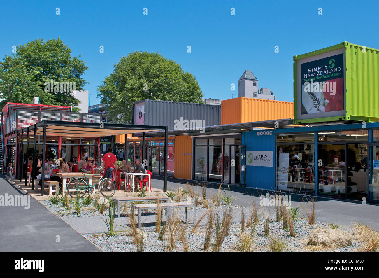 Temporanea area retail, dovuta ai danni del terremoto del 22.02.2011 a Christchurch Nuova Zelanda Foto Stock