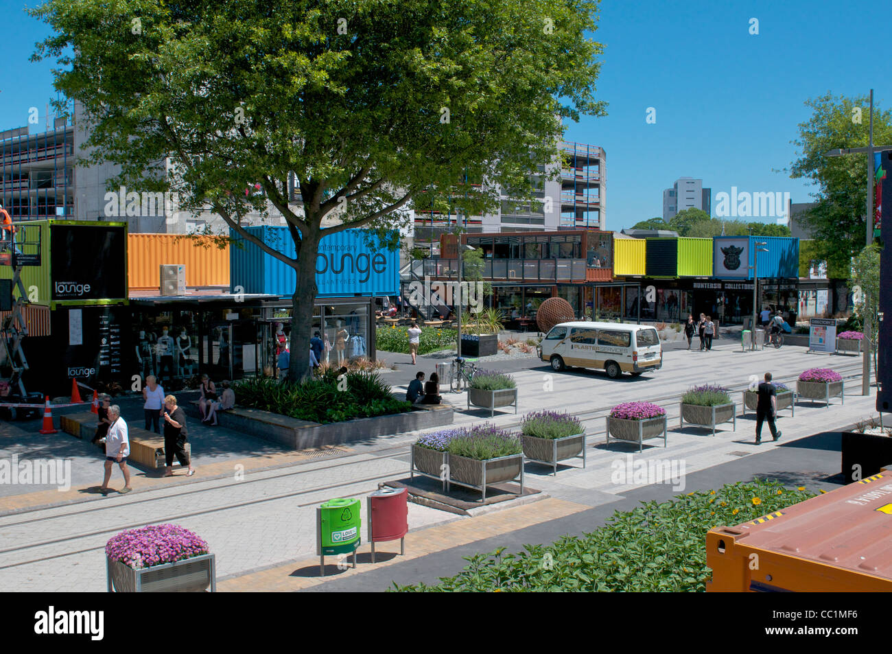 Temporanea area retail, dovuta ai danni del terremoto del 22.02.2011 a Christchurch Nuova Zelanda Foto Stock