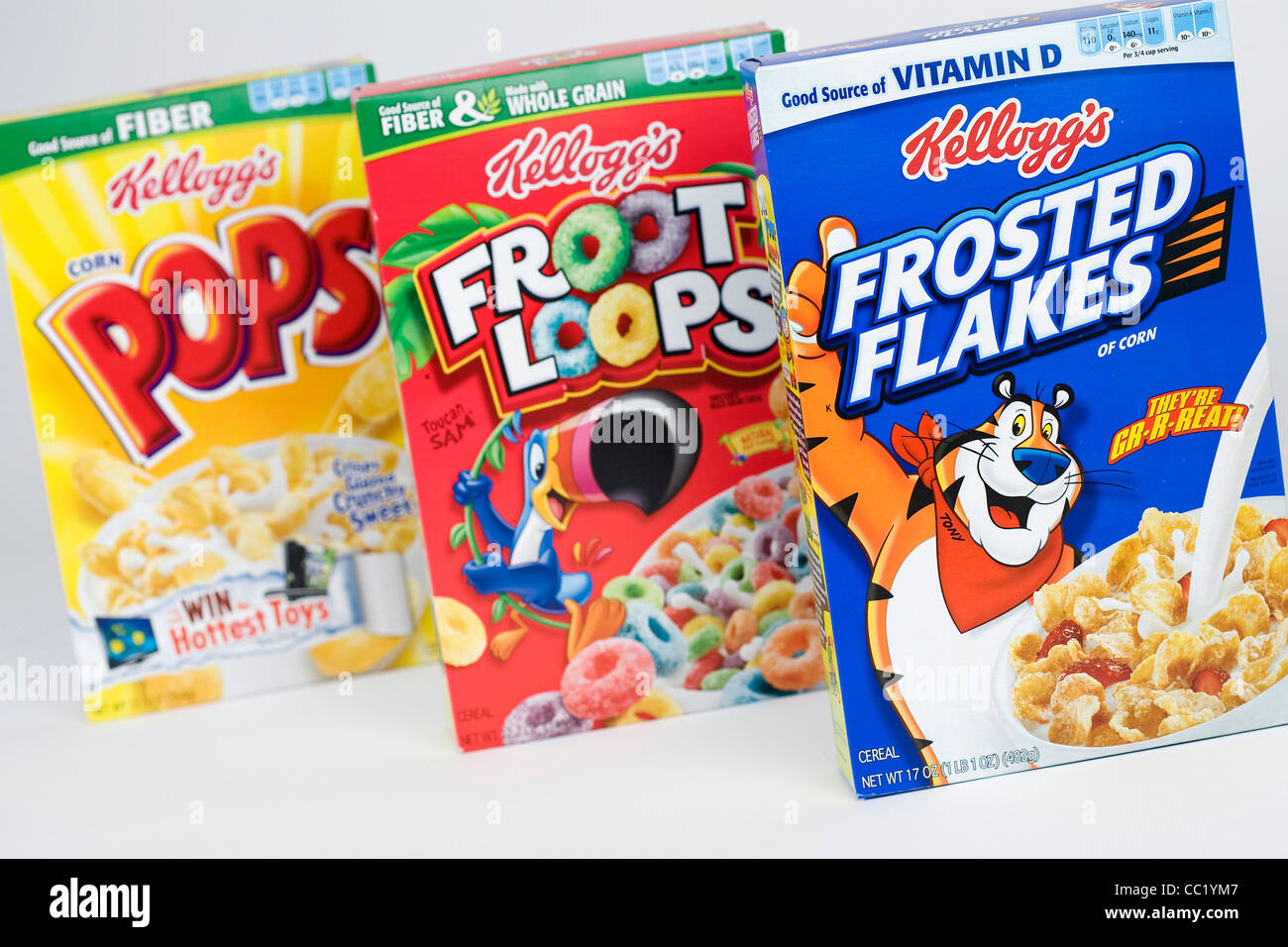 Corn Pops, Froot Loops e smerigliati fiocchi di cereali per la colazione. Foto Stock