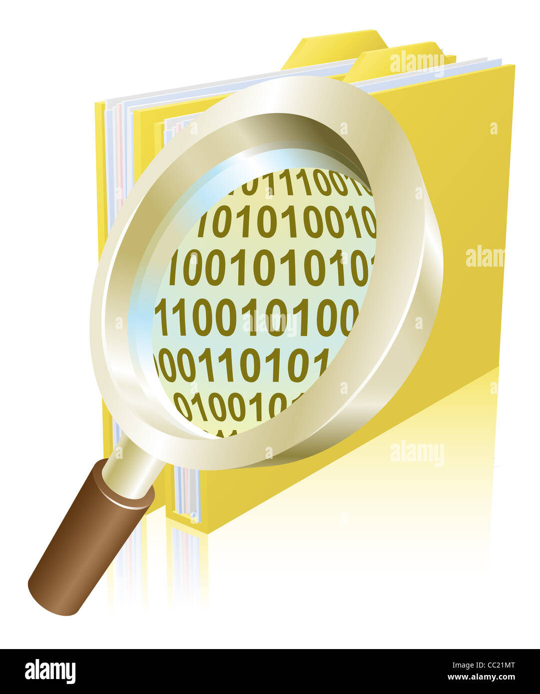 Illustrazione concettuale della lente di ingrandimento alla ricerca di dati binari nella cartella di file Foto Stock