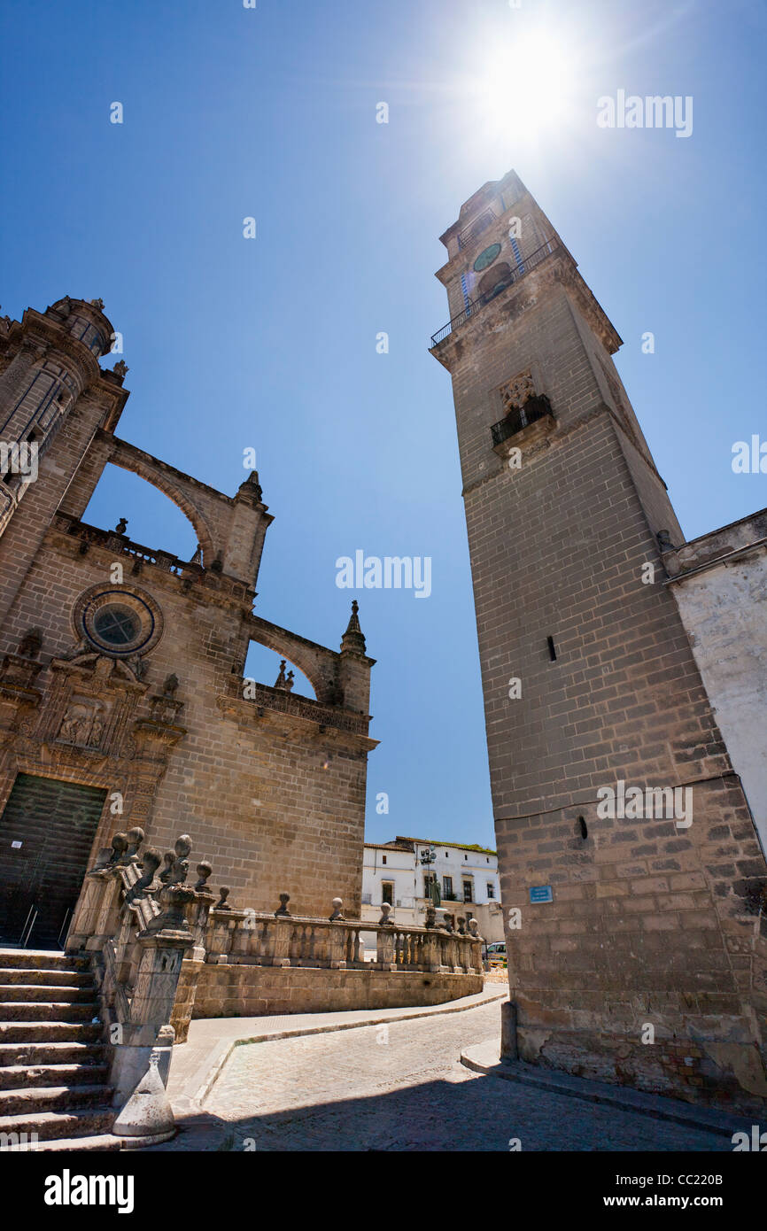 Ampia angolazione del campanile e Cattedrale di San Salvador in Jerez de la Frontera, Spagna Foto Stock