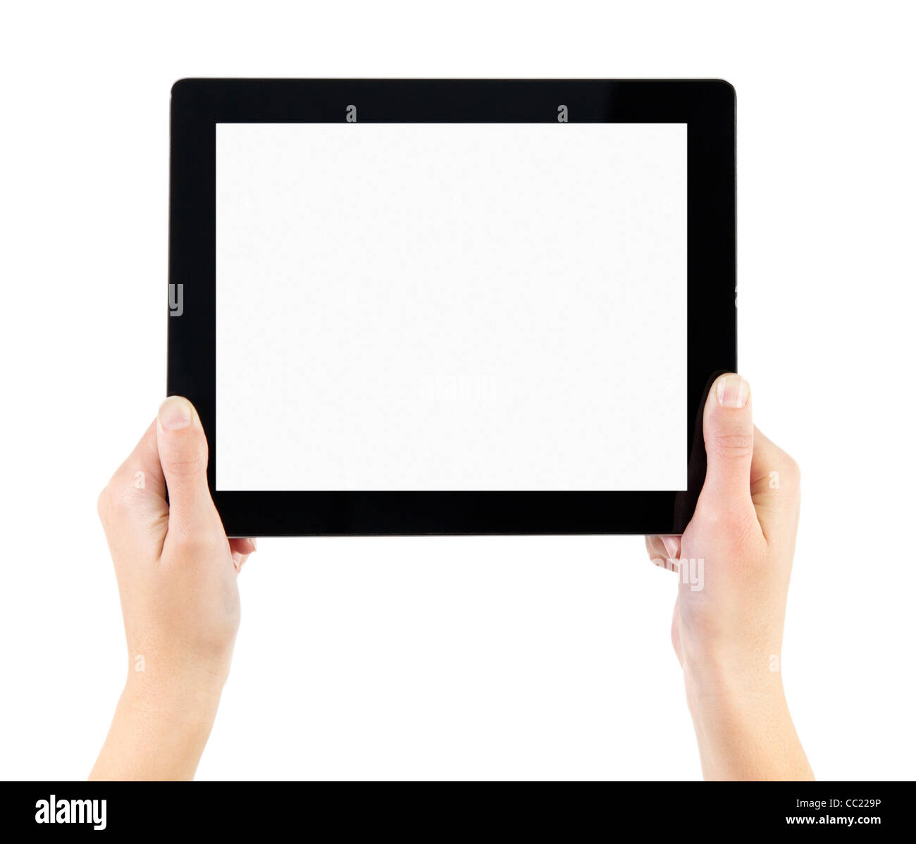 Donna mani elettronico di tablet Pc con schermo vuoto. Isolato su bianco. Foto Stock