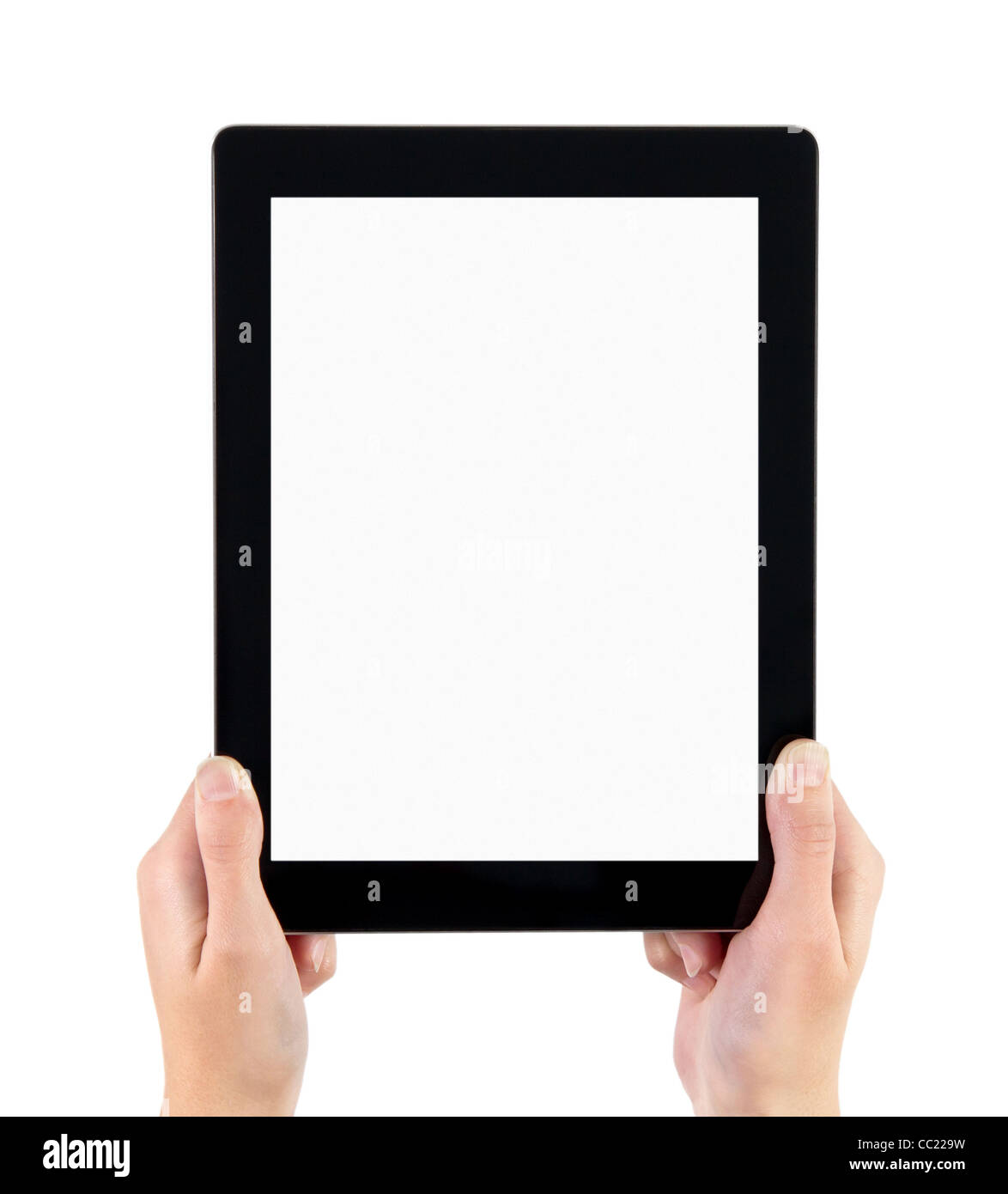 Donna mani elettronico di tablet Pc con schermo vuoto. Isolato su bianco. Foto Stock