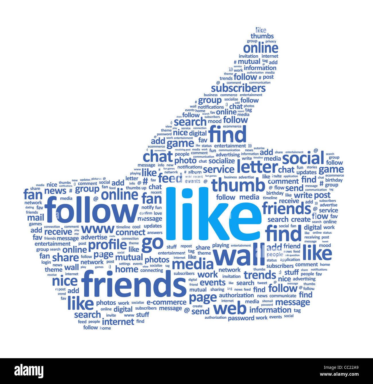 Illustrazione del pollice in alto simbolo, che è composto di parole su social media i temi. Isolato su bianco. Foto Stock