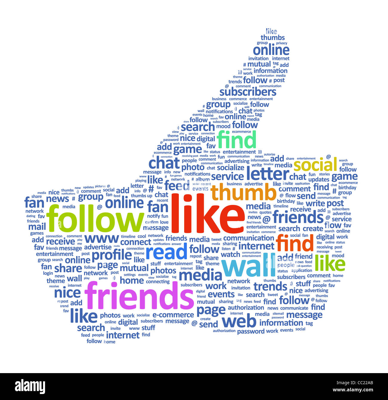 Illustrazione del pollice in alto simbolo, che è composto di parole su social media i temi. Isolato su bianco. Foto Stock