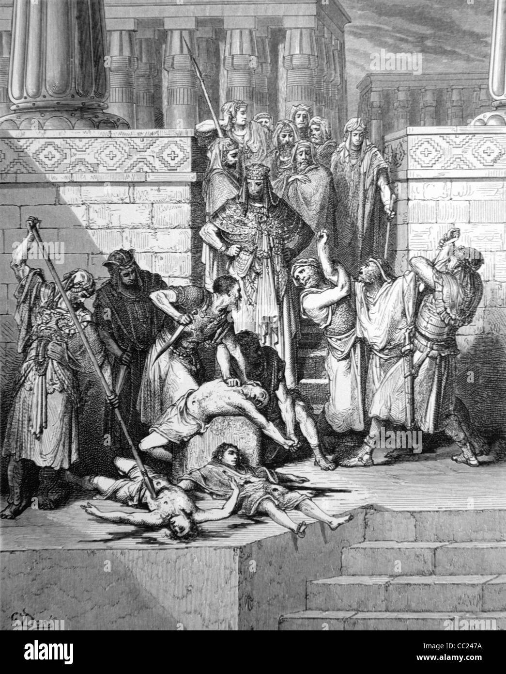 La macellazione o l'uccisione dei figli di Sedekia, Sedekia (regnò dal 597 al 586 a.C.), detto Tzidkiyahu, Mattanyahu o Mattaniah, fu l'ultimo re di Giuda. Incisione di Gustave Doré, 1866 Foto Stock