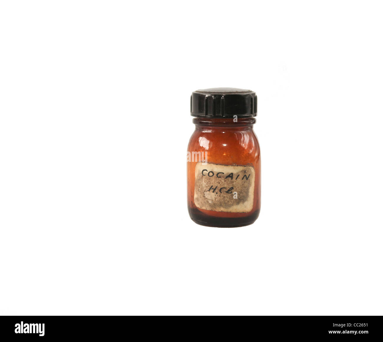 Piccola vecchia bottiglia marrone con cocaina scritto il segno Foto Stock