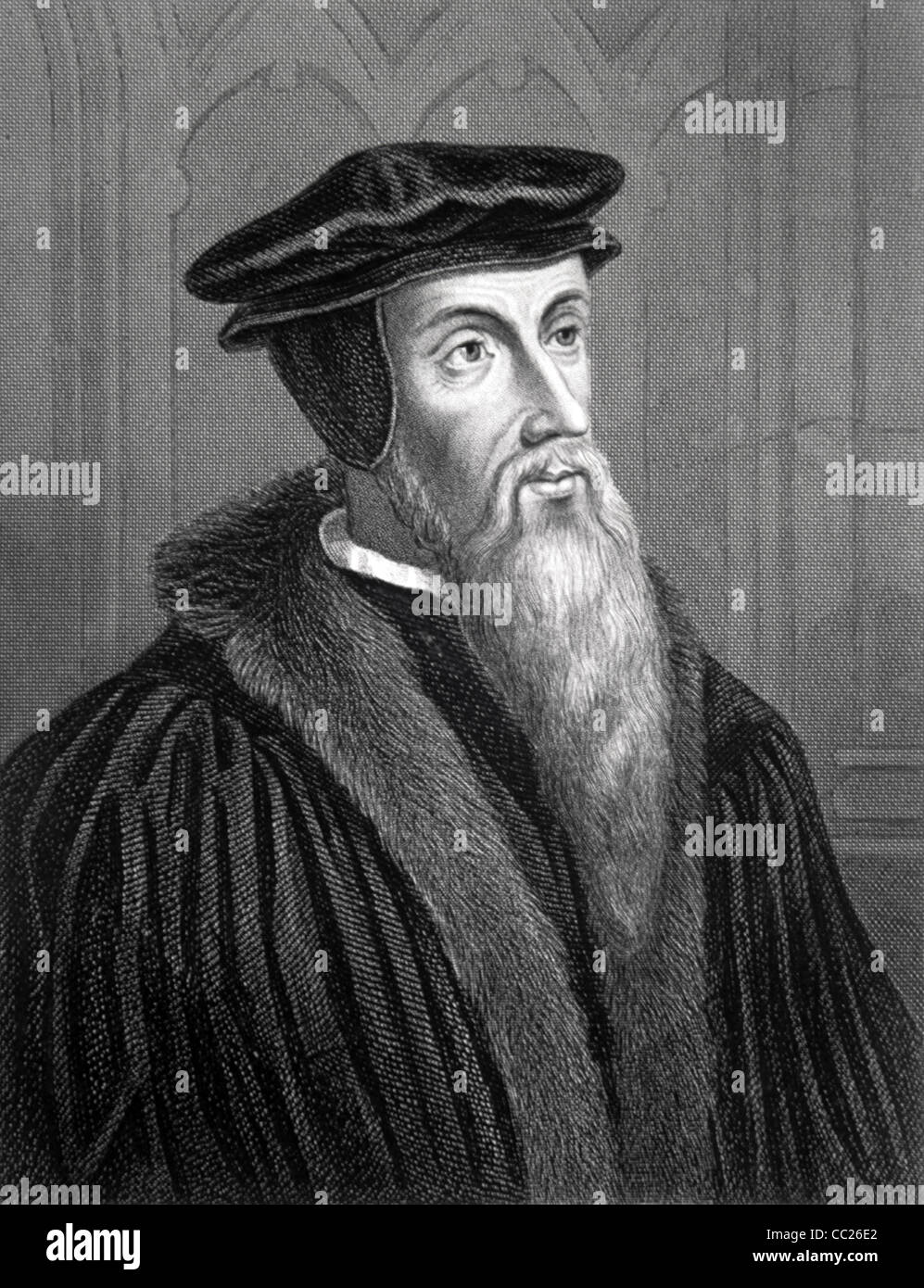 Ritratto di Giovanni Calvino (1509-1564) Teologo francese, riformatore della Chiesa, Umanista e Pastore. c19 Ritratto incisione di Woolnoth. Illustrazione vintage Foto Stock