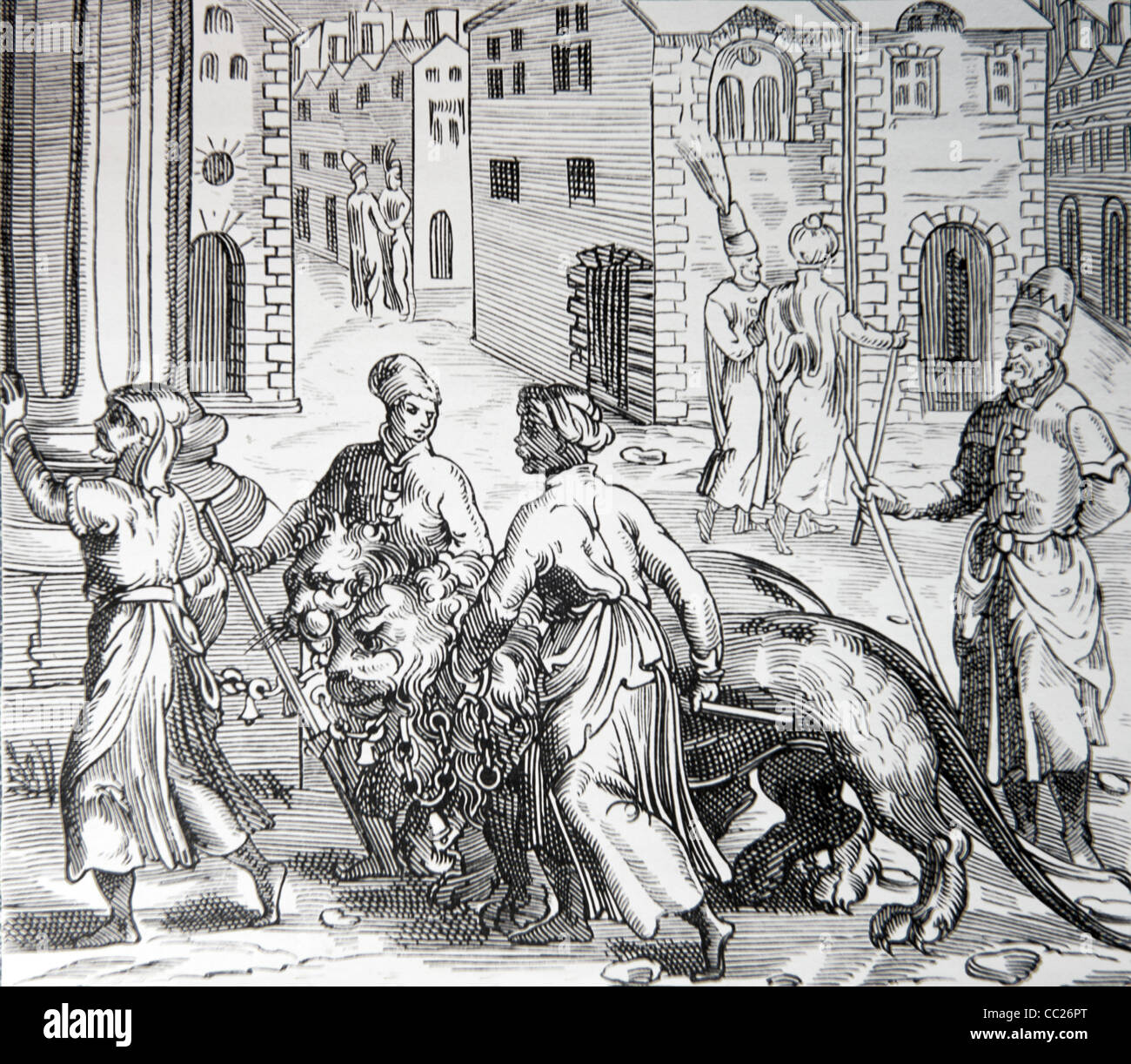 Lion formatori, commercianti e venditori a Costantinopoli (Istanbul), Turchia. 1575 incisione su legno da 'Cosmographie Universelle" Foto Stock
