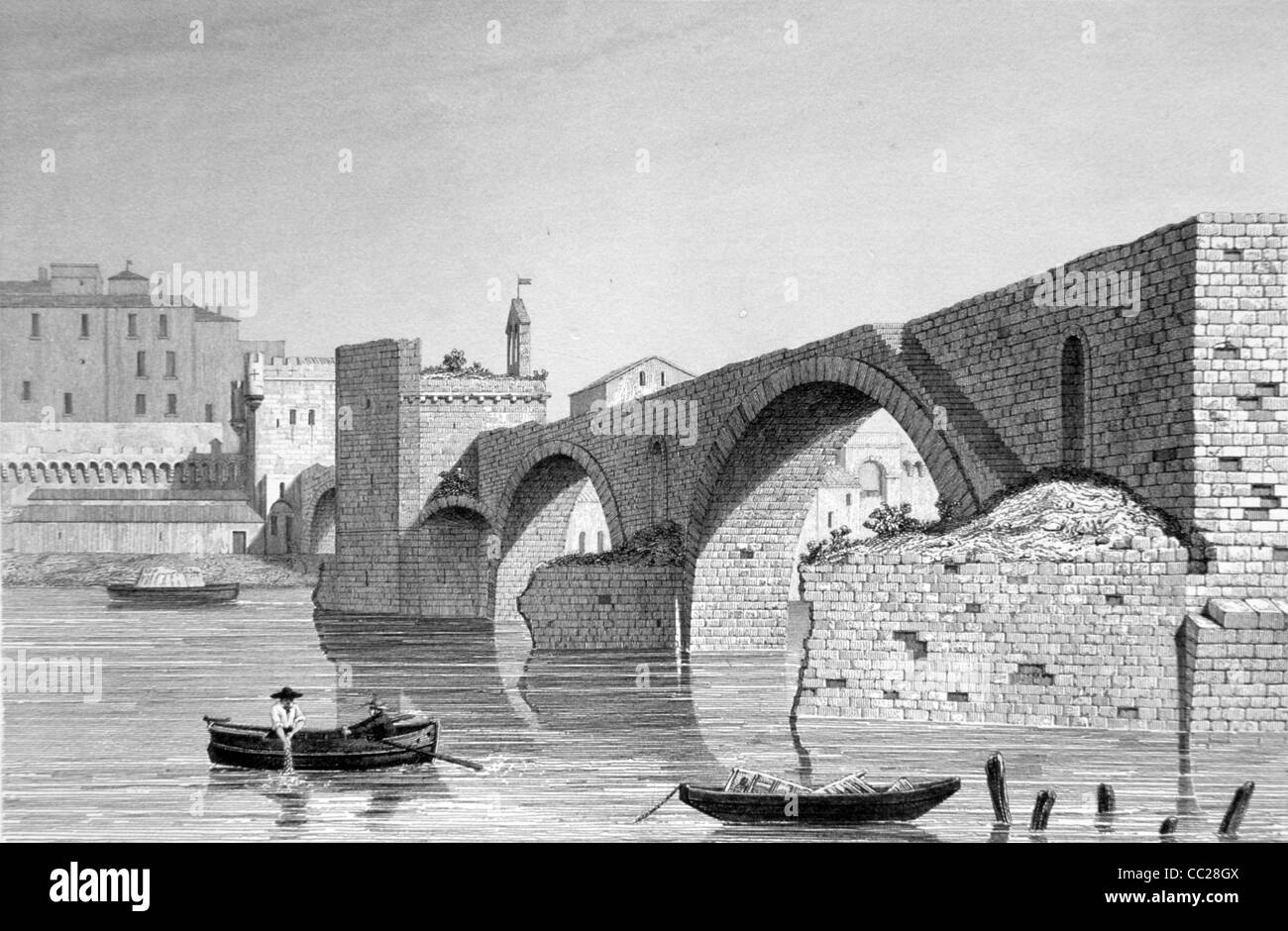 Ponte di San Benezet (XIX secolo) sul fiume Rodano ad Avignone, Provenza, Francia. Incisione in acciaio, c1850 o Illustrazione Foto Stock