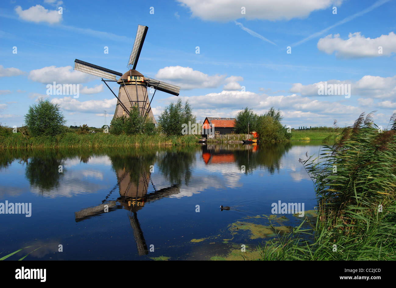 Classic mulino a vento olandese a Kinderdijk, Paesi Bassi, Europa Foto Stock