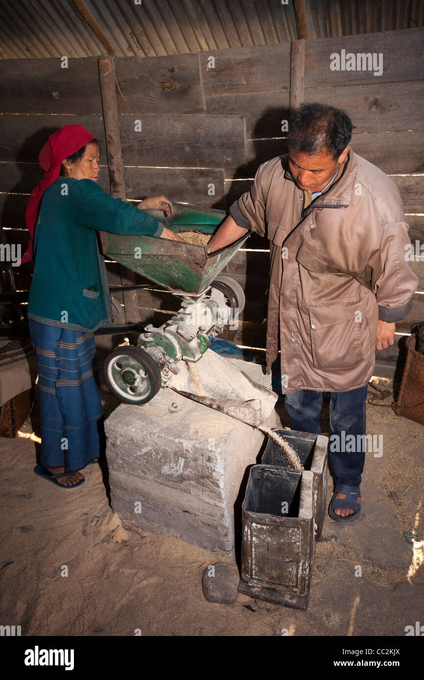 India, Arunachal Pradesh, Ziro Valle, Hari village mill, Apatani donna macinare il grano con l aiuto di Miller Foto Stock