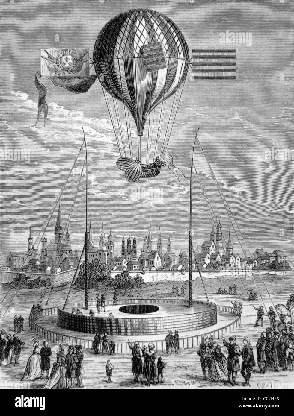 Palloncino Montgolfier, mondo il primo volo in mongolfiera ad aria calda a Parigi, novembre 1783. c incisione del XIX secolo Foto Stock