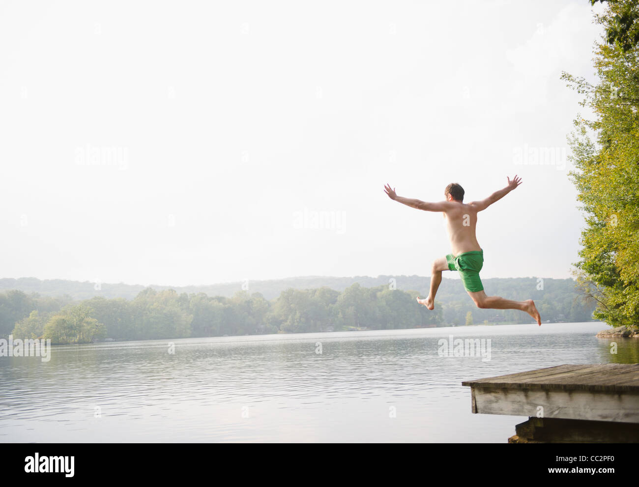 Stati Uniti d'America, New York, valle di Putnam, ruggente torrente Lago, uomo jumping dal molo al lago Foto Stock