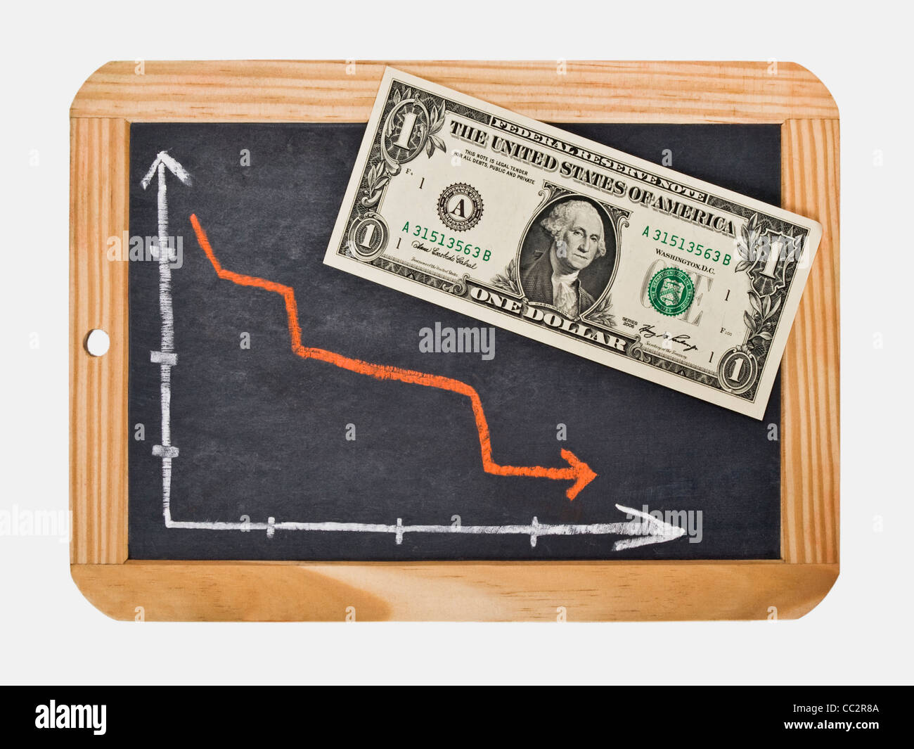 Foto Dettaglio di ardesia, un grafico con un diminuito la curva su questo, a fianco è un 1 dollaro banconota Foto Stock