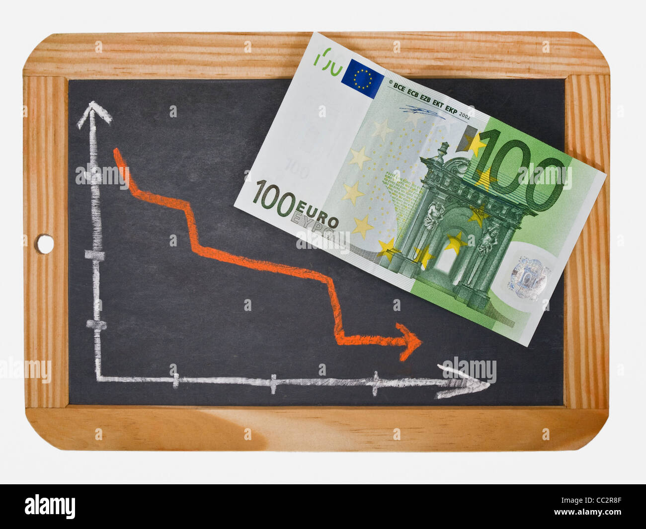 Foto Dettaglio di ardesia, un grafico con un diminuito la curva su questo, a fianco è un centinaio di banconote in euro Foto Stock