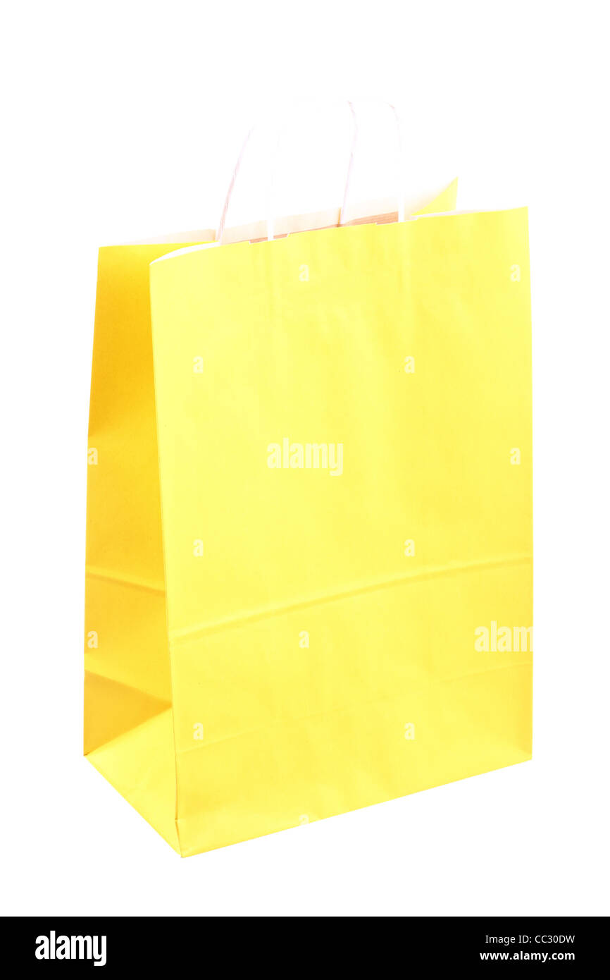 Shopping riciclo giallo buste regalo e isolato su sfondo bianco Foto Stock