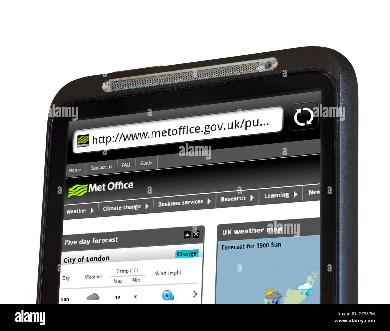 Il nuovo (come di gennaio 2012) Met Office Sito meteo su uno smartphone HTC Foto Stock