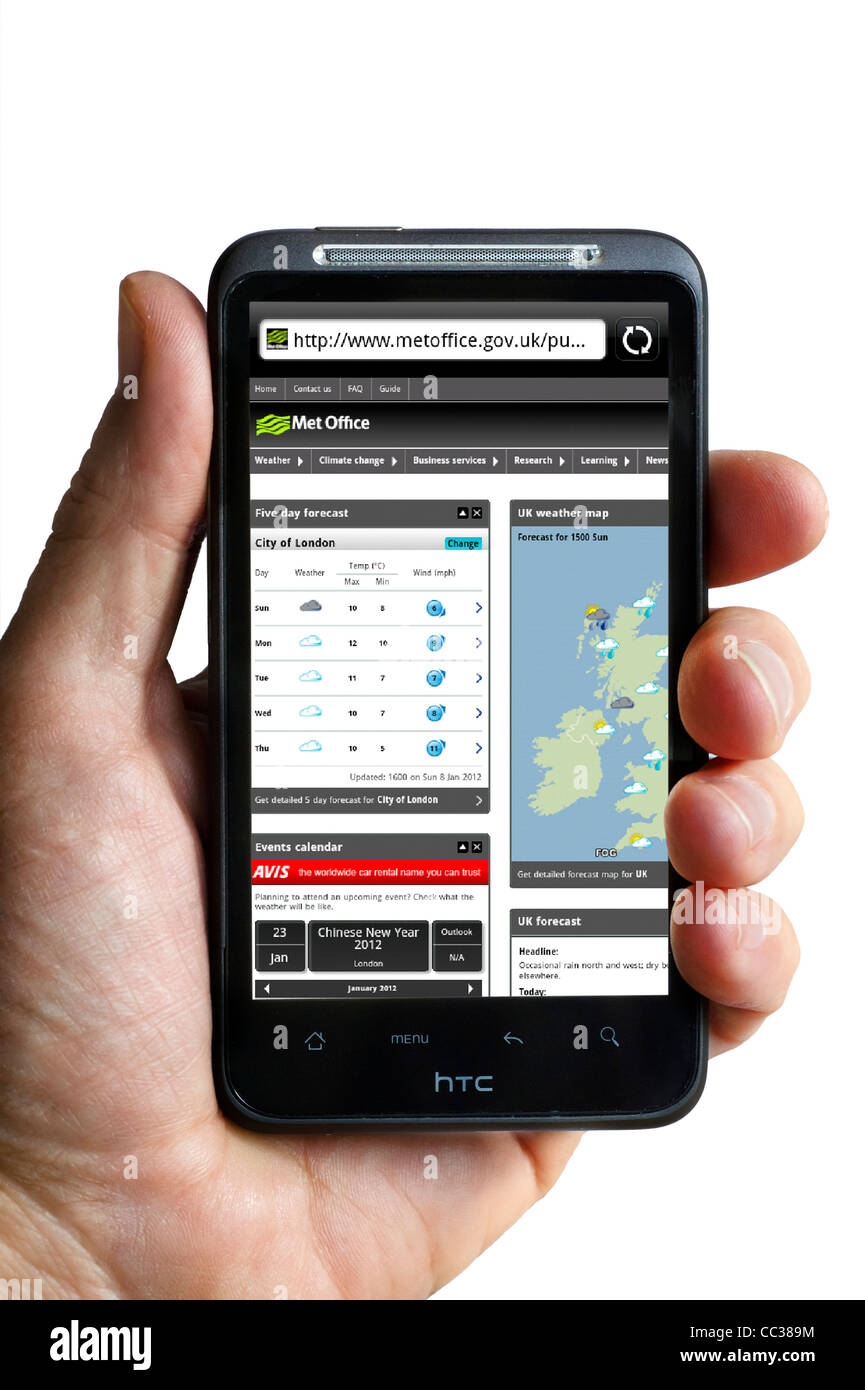 Il nuovo (come di gennaio 2012) Met Office Sito meteo su uno smartphone HTC Foto Stock