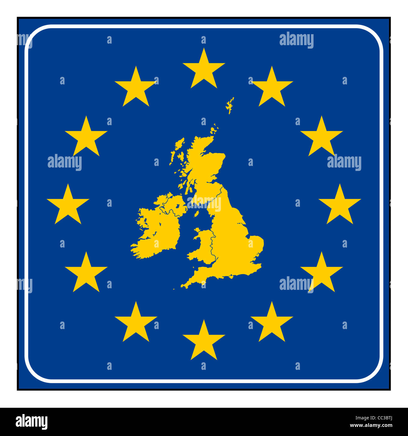 Mappa del Regno Unito sul blu e stellato pulsante europea isolato su sfondo bianco con copia spazio. Foto Stock