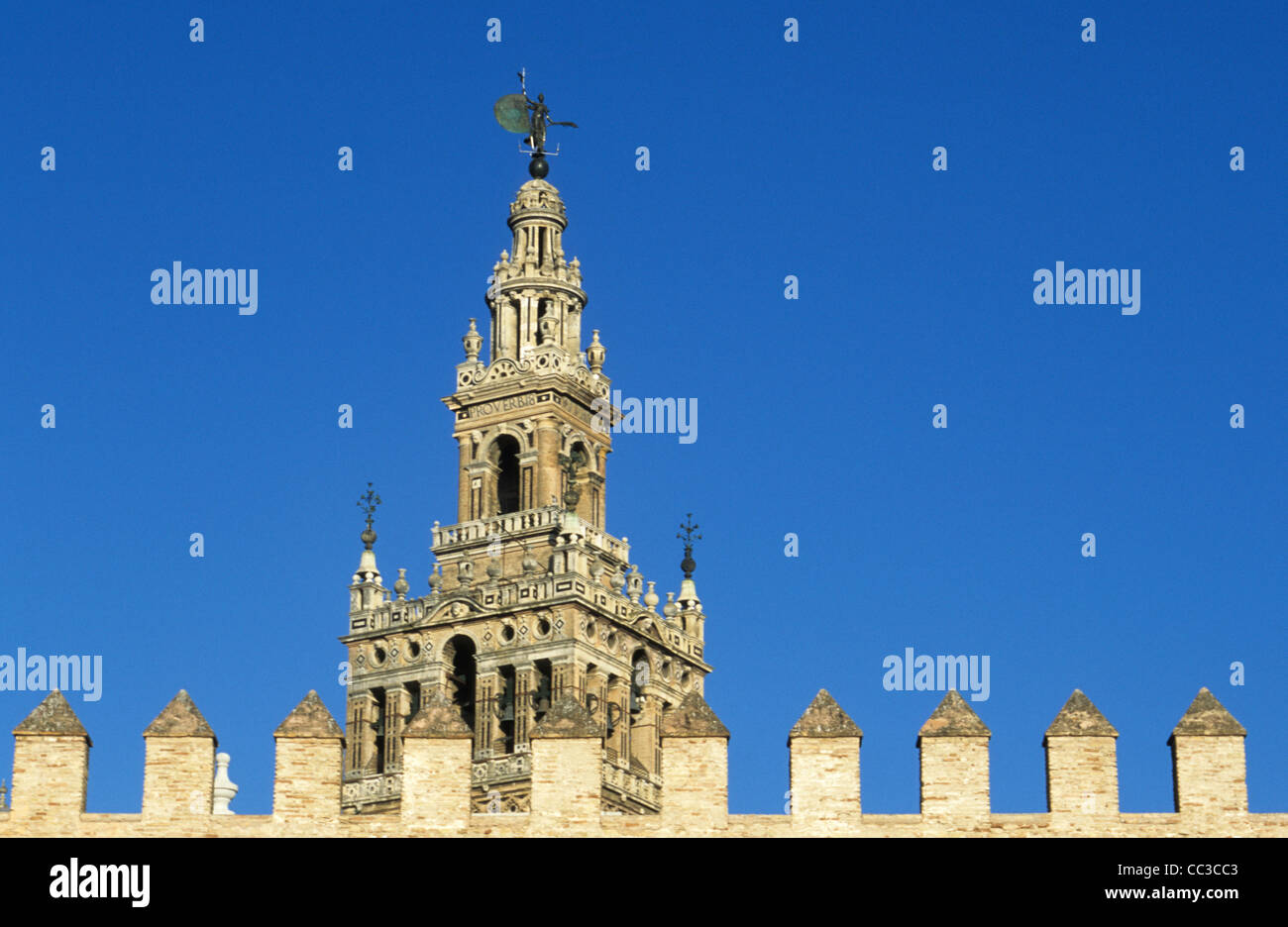 Reales Alcazares Palace parete e la torre Giralda, Siviglia, Spagna Foto Stock
