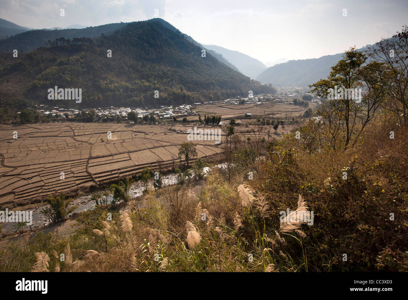 India, Arunachal Pradesh, Yazali Valley, campi agricoli sul roccioso del fiume Ranganadi golena Foto Stock