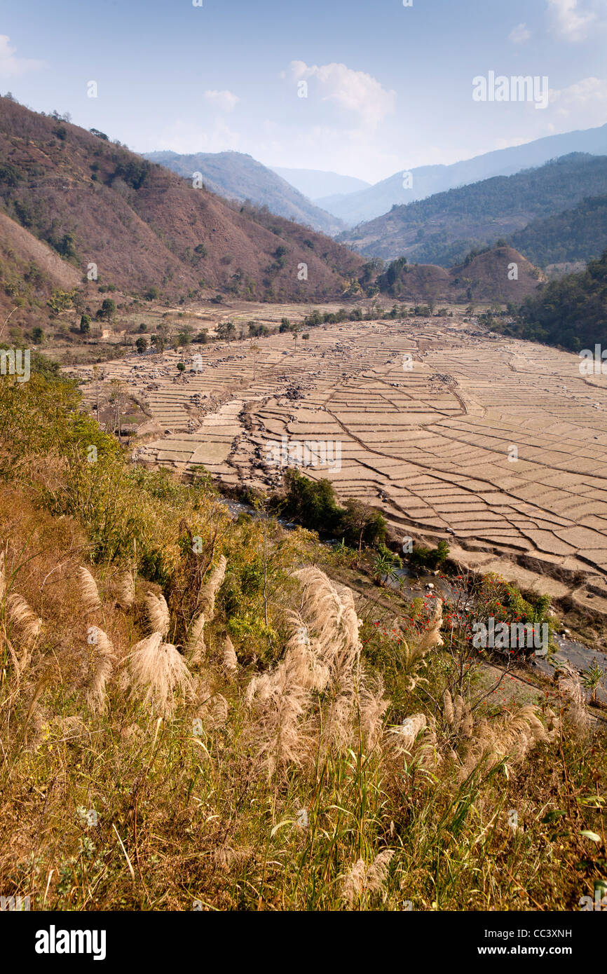 India, Arunachal Pradesh, Yazali Valley, rocky campi agricoli sul fiume Ranganadi golena Foto Stock