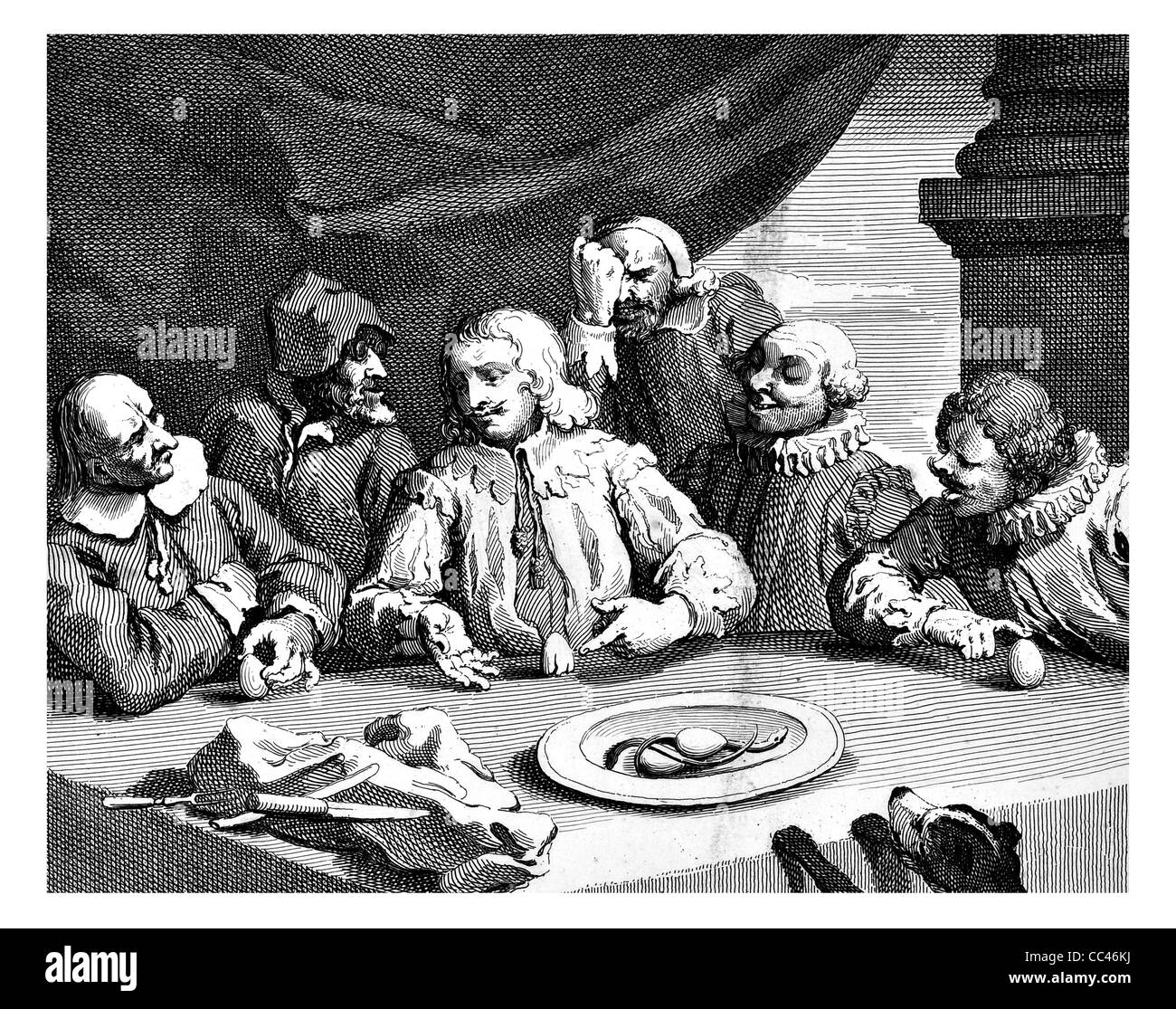 Columbus rompendo l'uovo le opere di Hogarth pubblicato Londra 1833 Foto Stock