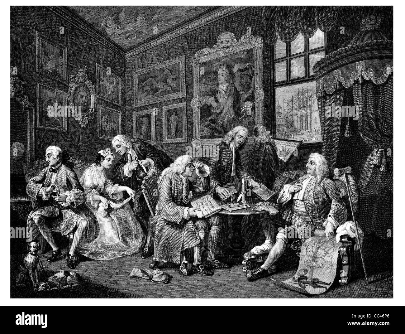 Matrimonio a la modalità il contratto dall'originale da Hogarth dalle opere di Hogarth pubblicato Londra 1833 Foto Stock