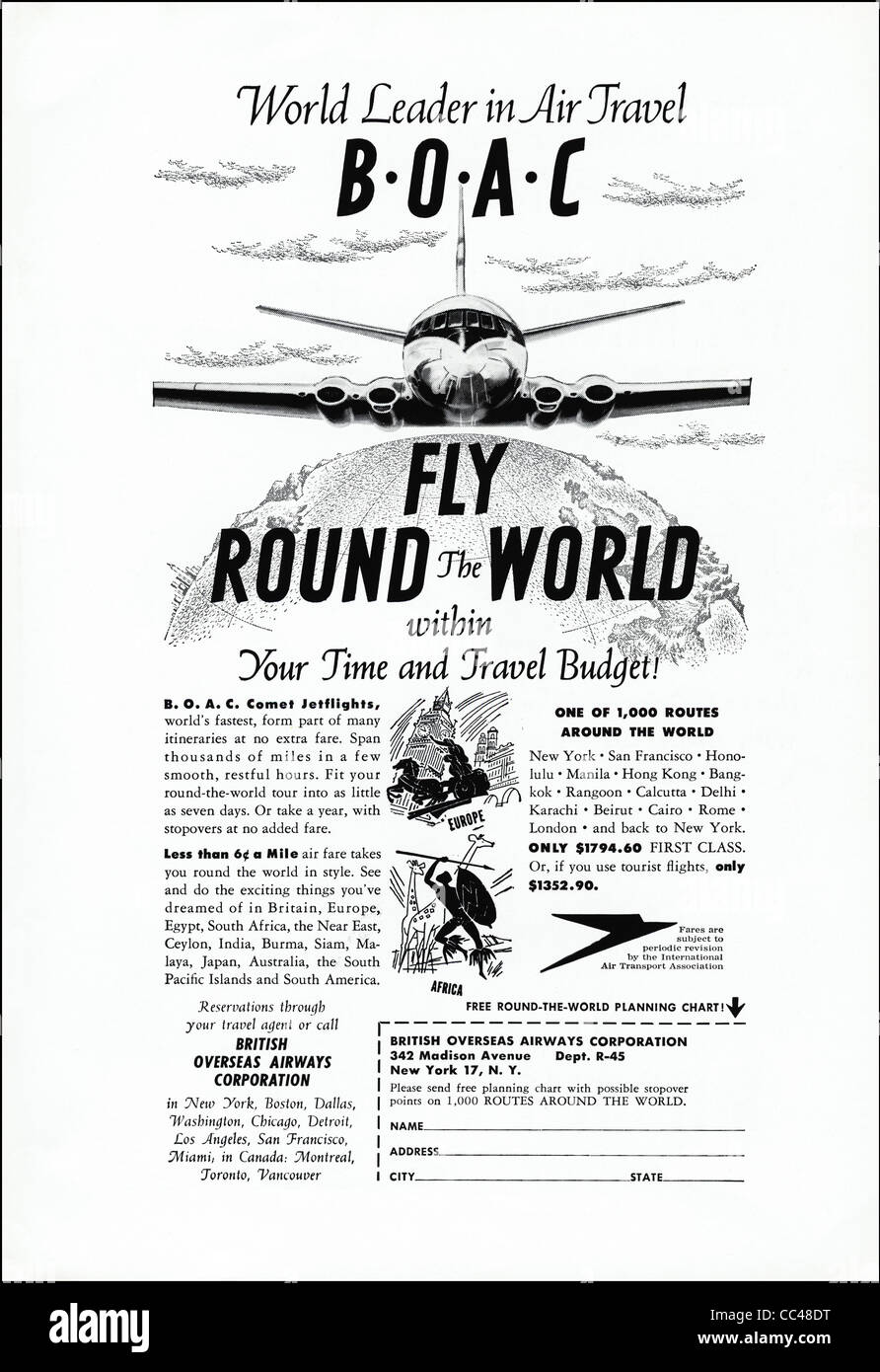 Pagina piena inserzione nella rivista americana cicra 1954 per BOAC British Overseas Airways Corporation Foto Stock