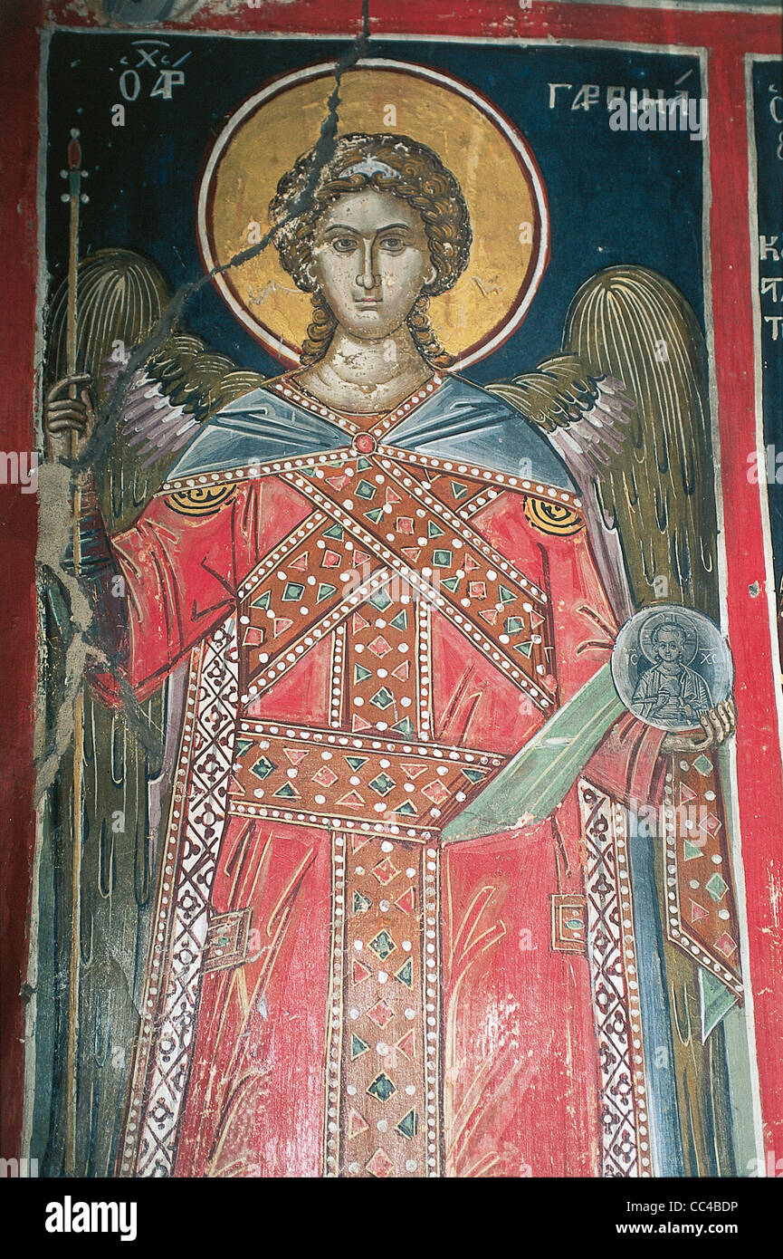 Affresco dipinto in un monastero Roussanou, Meteore, Tessaglia, Grecia Foto Stock