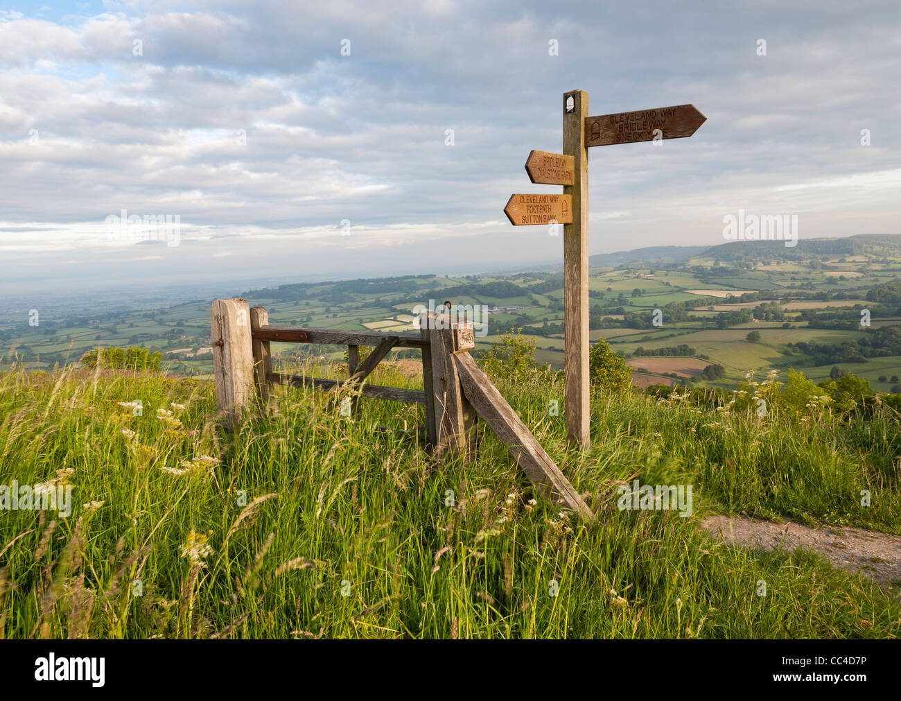 La mattina presto vista dal modo di Cleveland, Sutton Bank, Yorkshire Regno Unito ,oltre una patch il lavoro dei campi circostanti e il paesaggio Foto Stock
