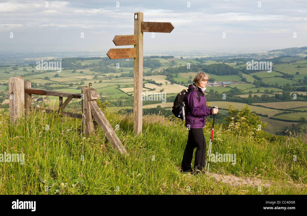 Una femmina a piedi con back pack e poli lungo la strada di Cleveland a Sutton Bank, Yorkshire, Regno Unito Foto Stock