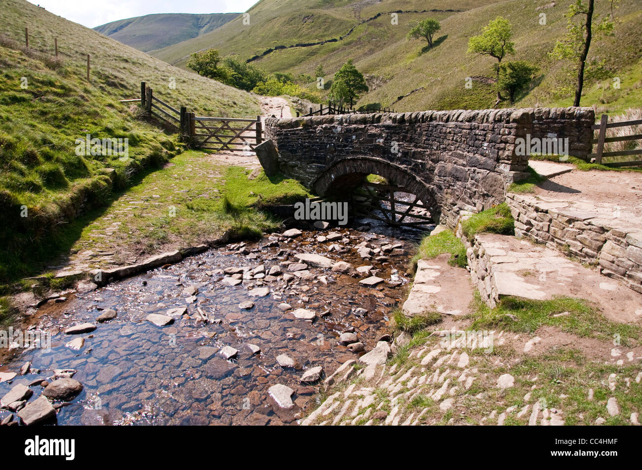 Un flusso in esecuzione sotto il ponte all'inizio della scala di Giacobbe al piede di Kinder Scout nel Parco Nazionale di Peak District Foto Stock