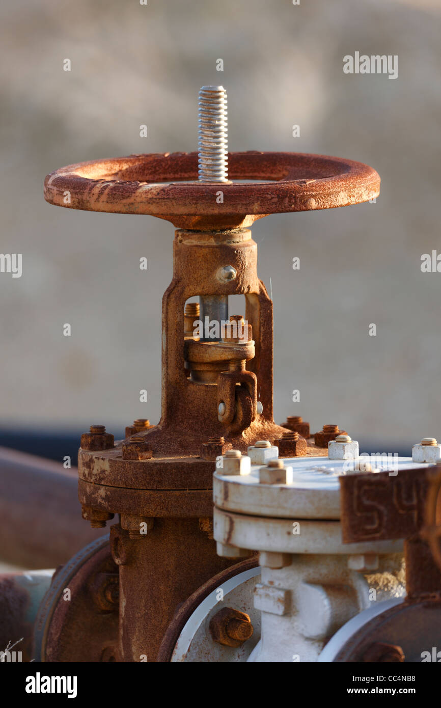 Valvola su un tubo di olio sull'olio Midway-Sunset campo nei pressi di Taft, California. Foto Stock