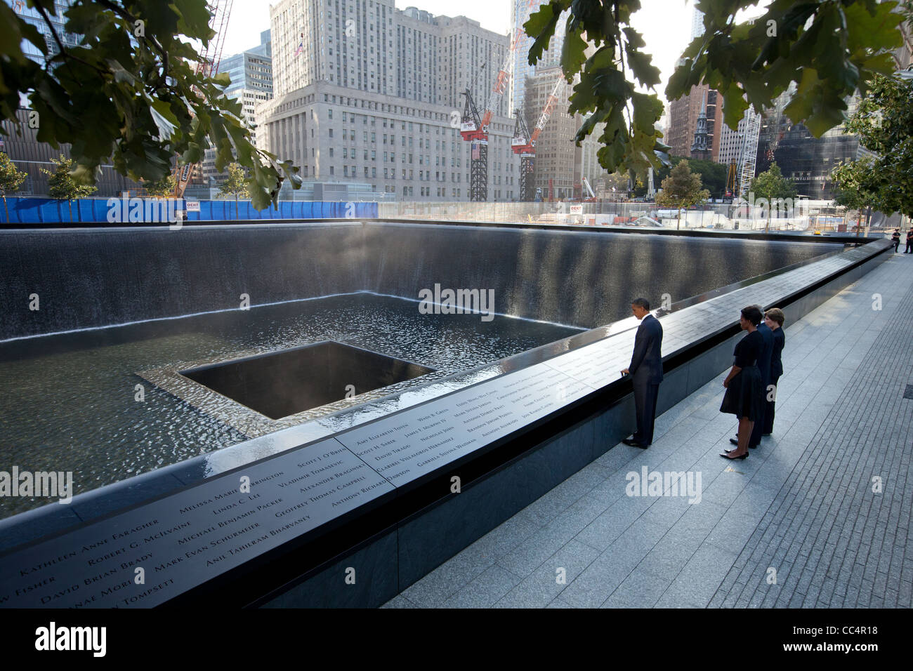 Il presidente Obama, Michelle Obama, ex Presidente George W Bush ed ex First Lady Laura Bush a Settembre 11 Memorial Foto Stock