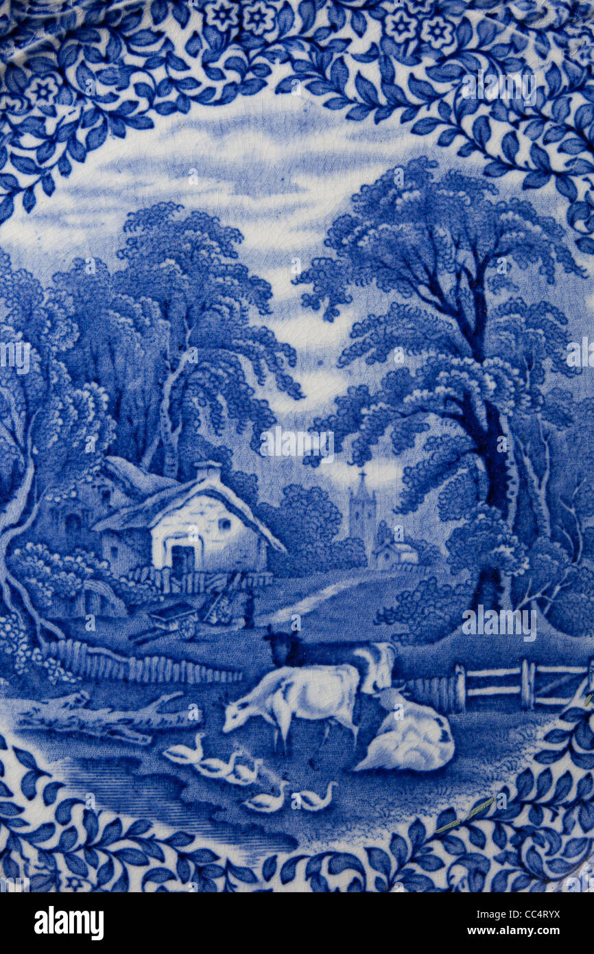 Blu la piastra di porcellana Floral farm Stampa Transfer ceramiche antiche stoviglie inglese blu bianco in stile cottage in stile Staffordshire Foto Stock