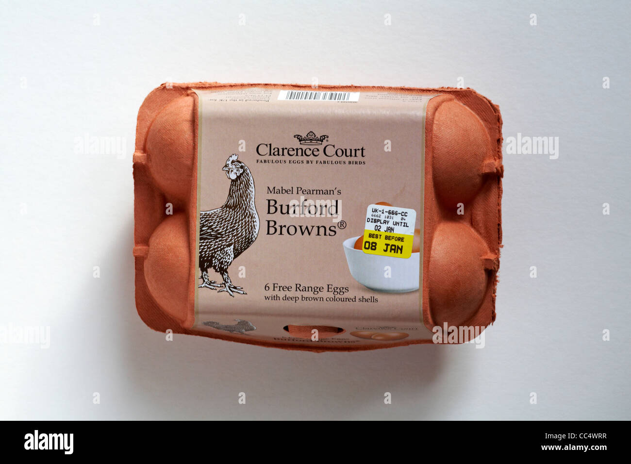 Cartone di Clarence Court Mabel Pearman's Burford Browns 6 Free Range uova con deep color marrone gusci su sfondo bianco - egg scatola chiusa eggbox Foto Stock
