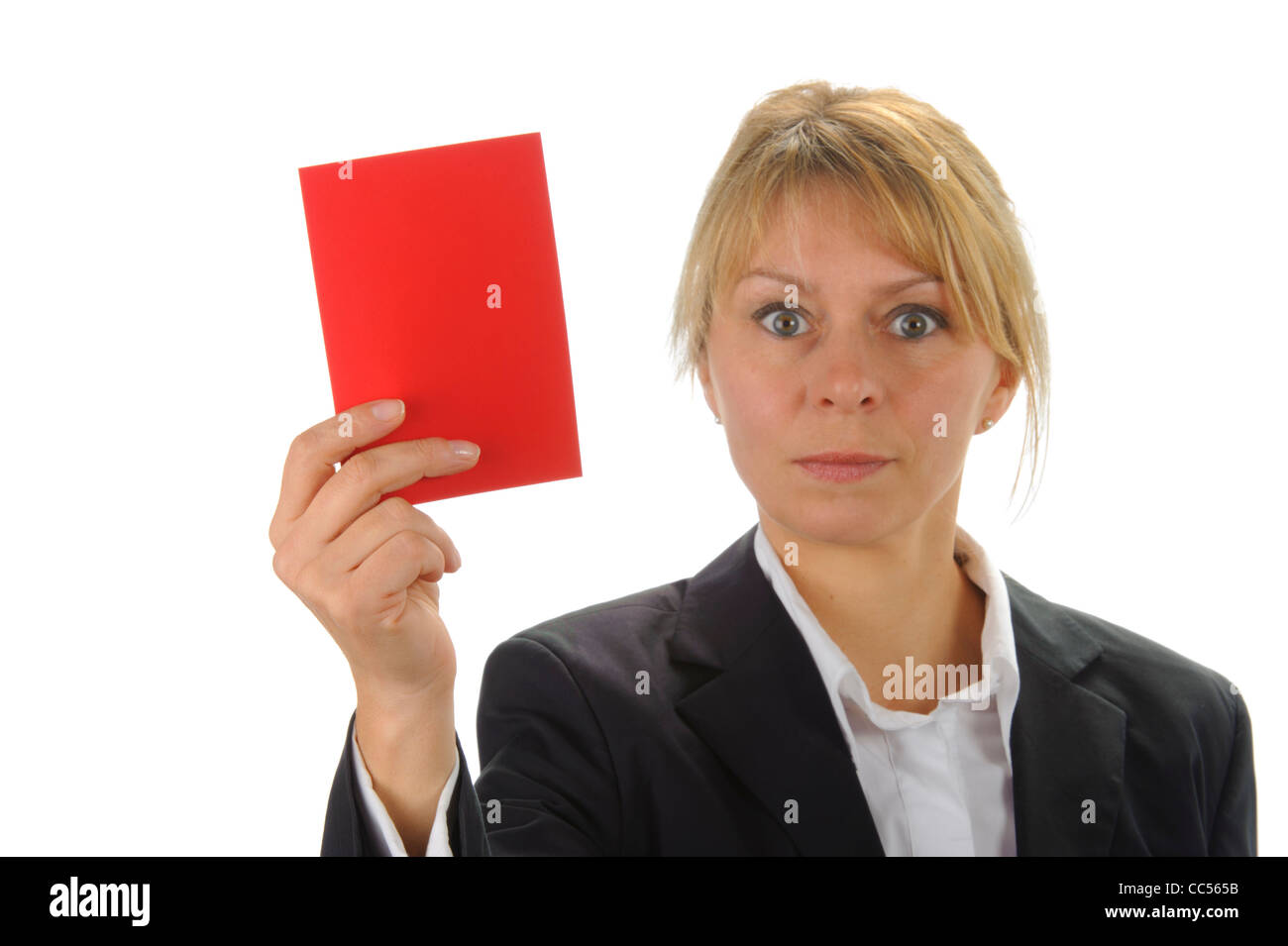 Adirato contro le donne d'affari con il polo negativo a red card Foto Stock