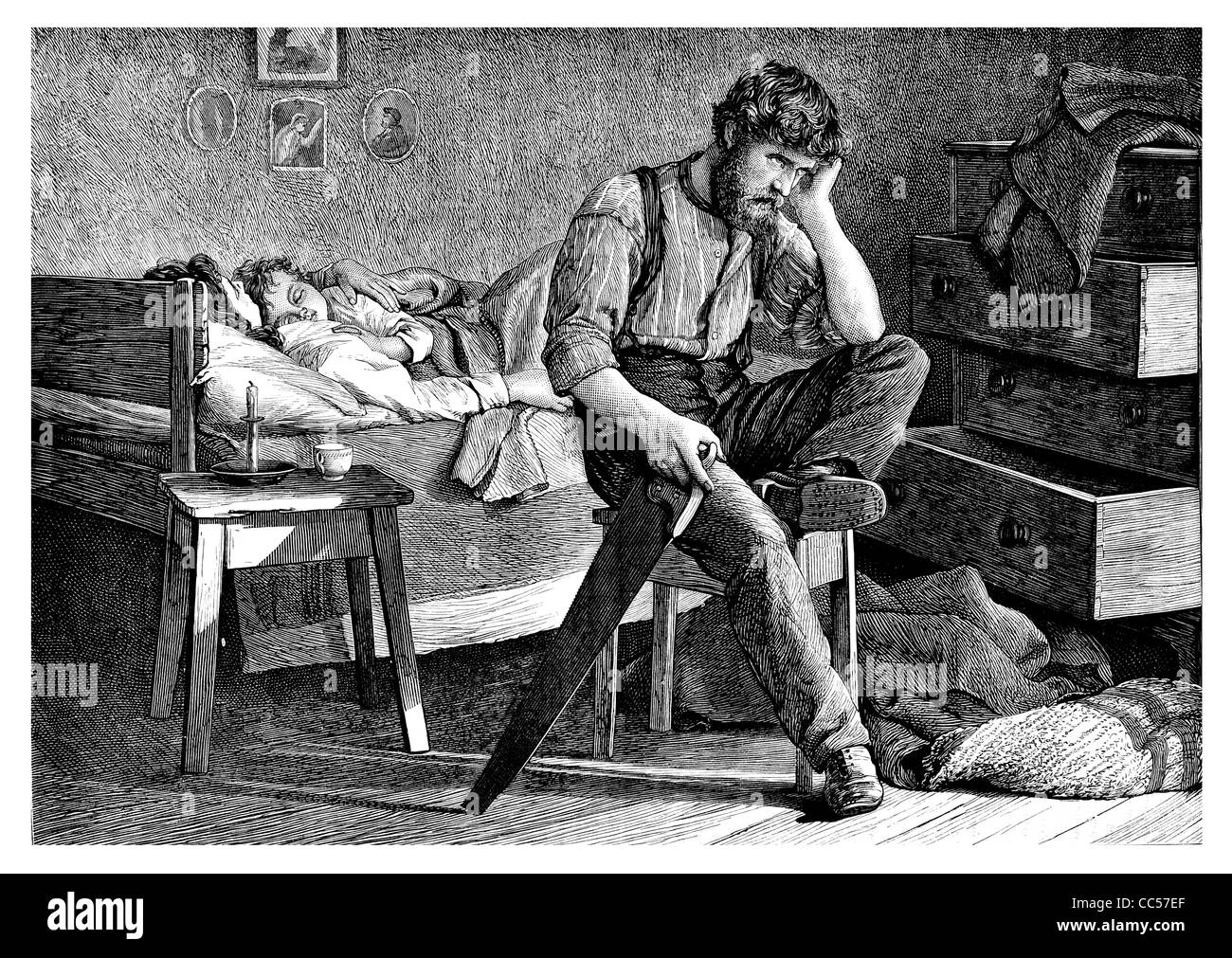 Al di fuori del lavoro falegname disoccupato premuto Foto Stock