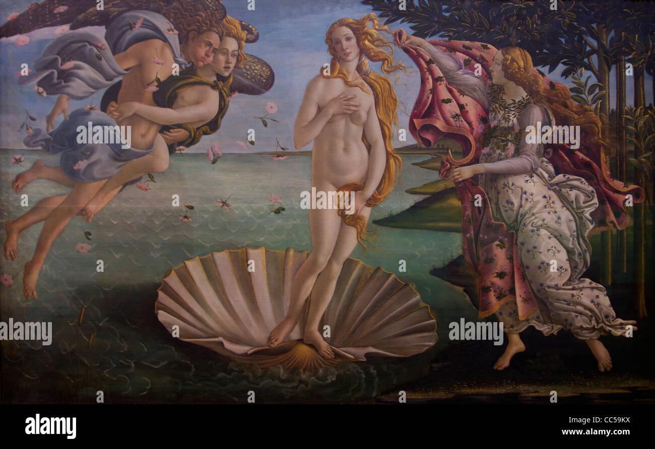 Nascita di Venere di Sandro Botticelli, circa 1486, Galleria degli Uffizi, Firenze, Toscana, Italia, Europa Foto Stock