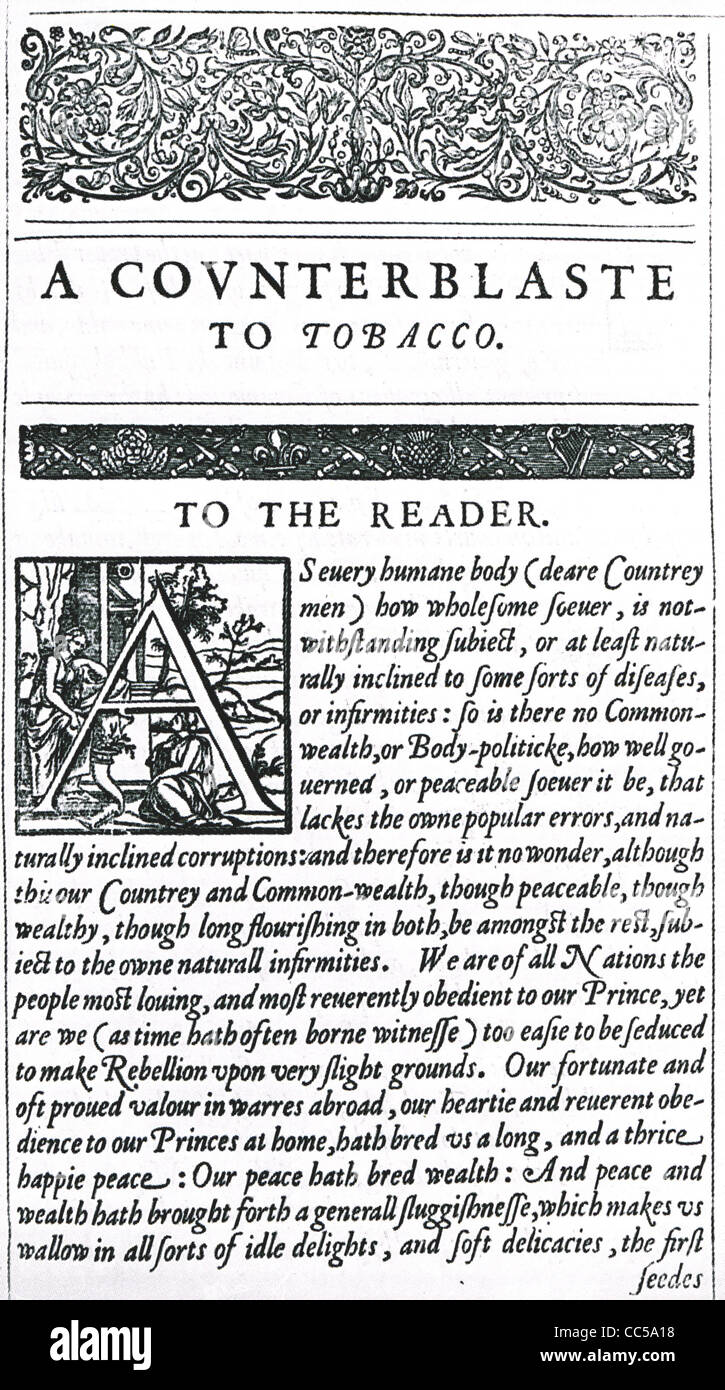 Un COUNTERBLASTE AL TABACCO pagina titolo di Re James il libro pubblicato anonimo in 1604 Foto Stock