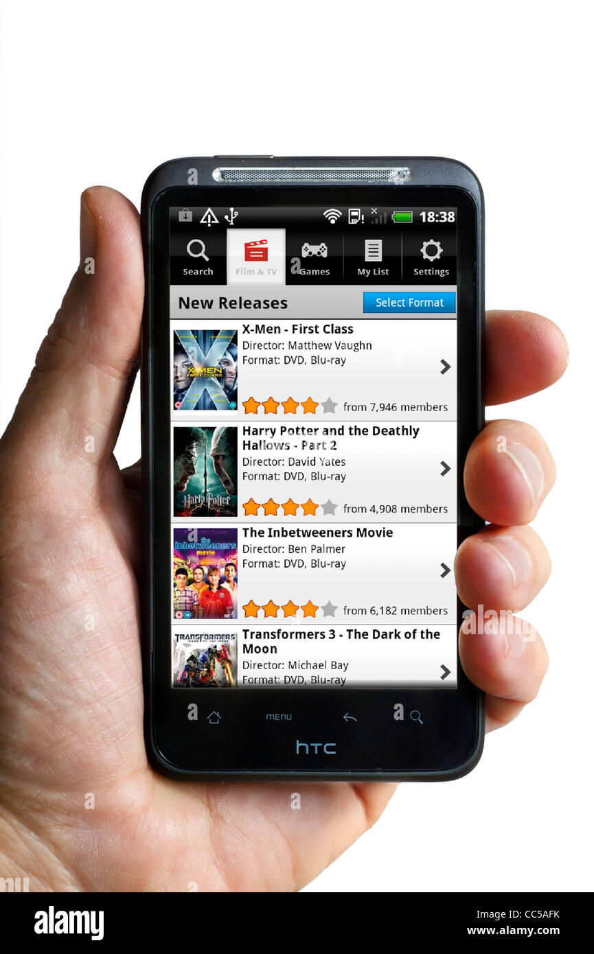 Navigazione LoveFilm.com TV e sito di cinema nel Regno Unito attraverso la app Android su uno smartphone HTC Foto Stock