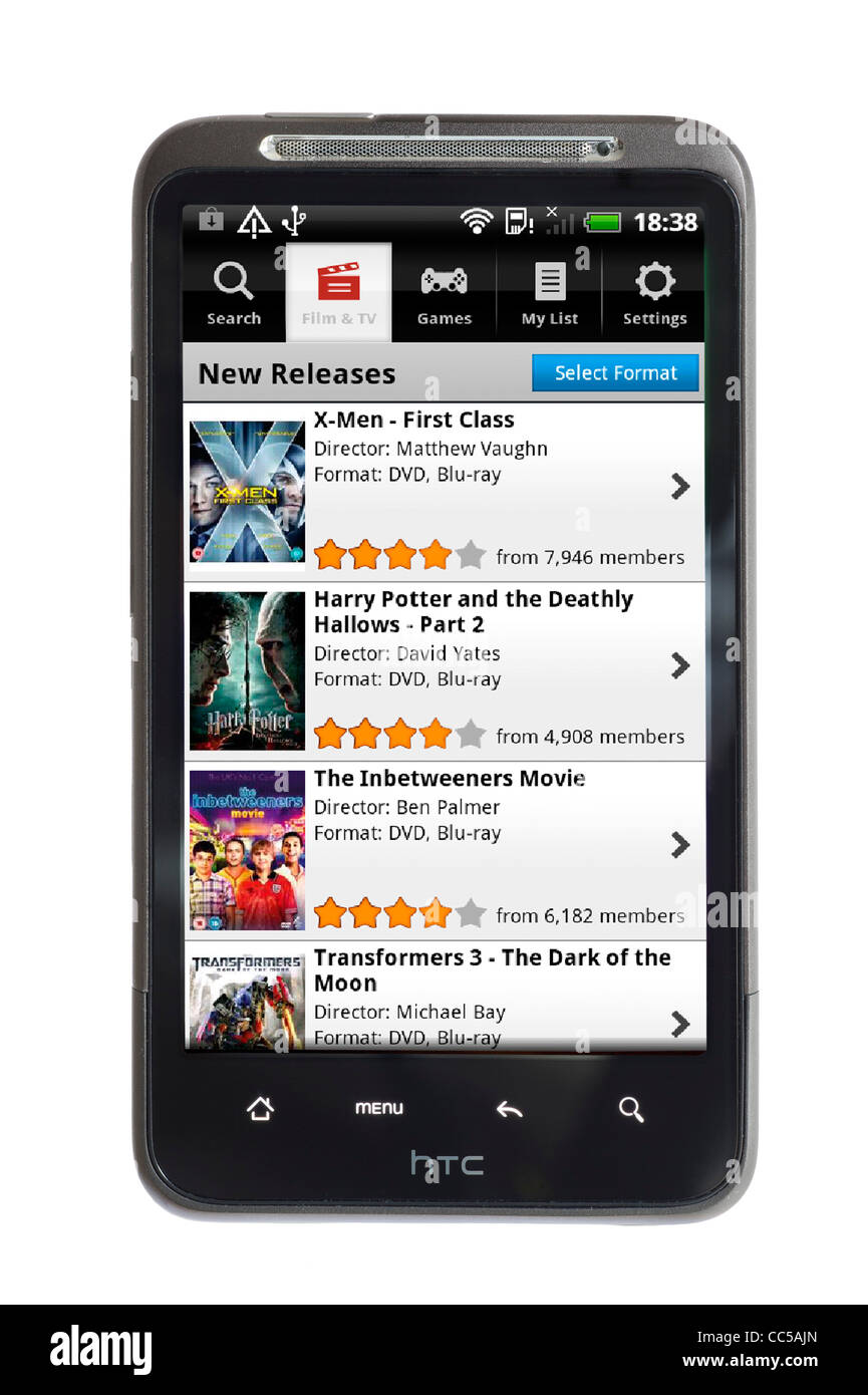 Navigazione LoveFilm.com TV e sito di cinema nel Regno Unito attraverso la app Android su uno smartphone HTC Foto Stock