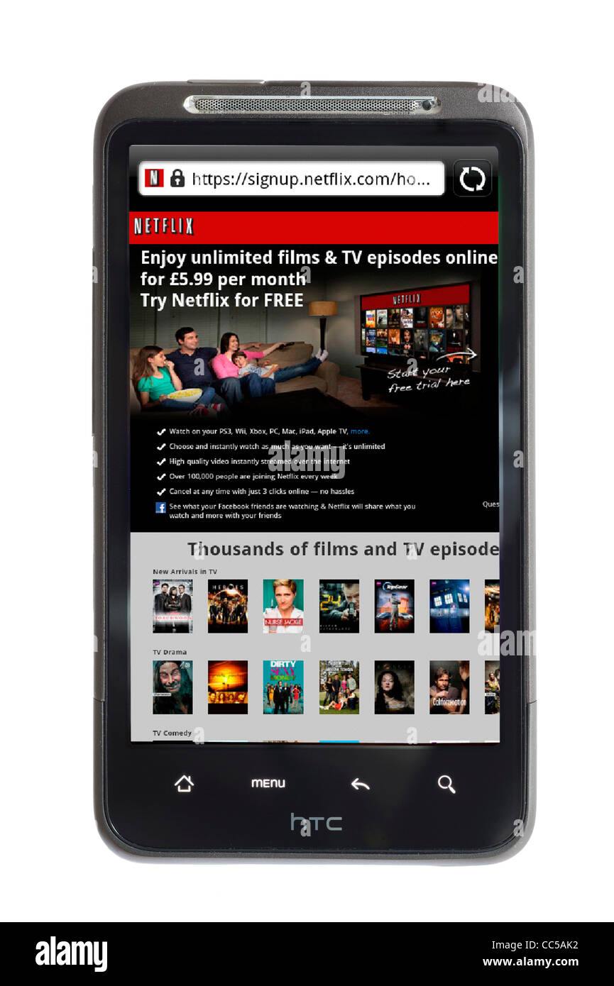 Netflix.com TV e sito di cinema nel Regno Unito visti su un smartphone HTC Foto Stock