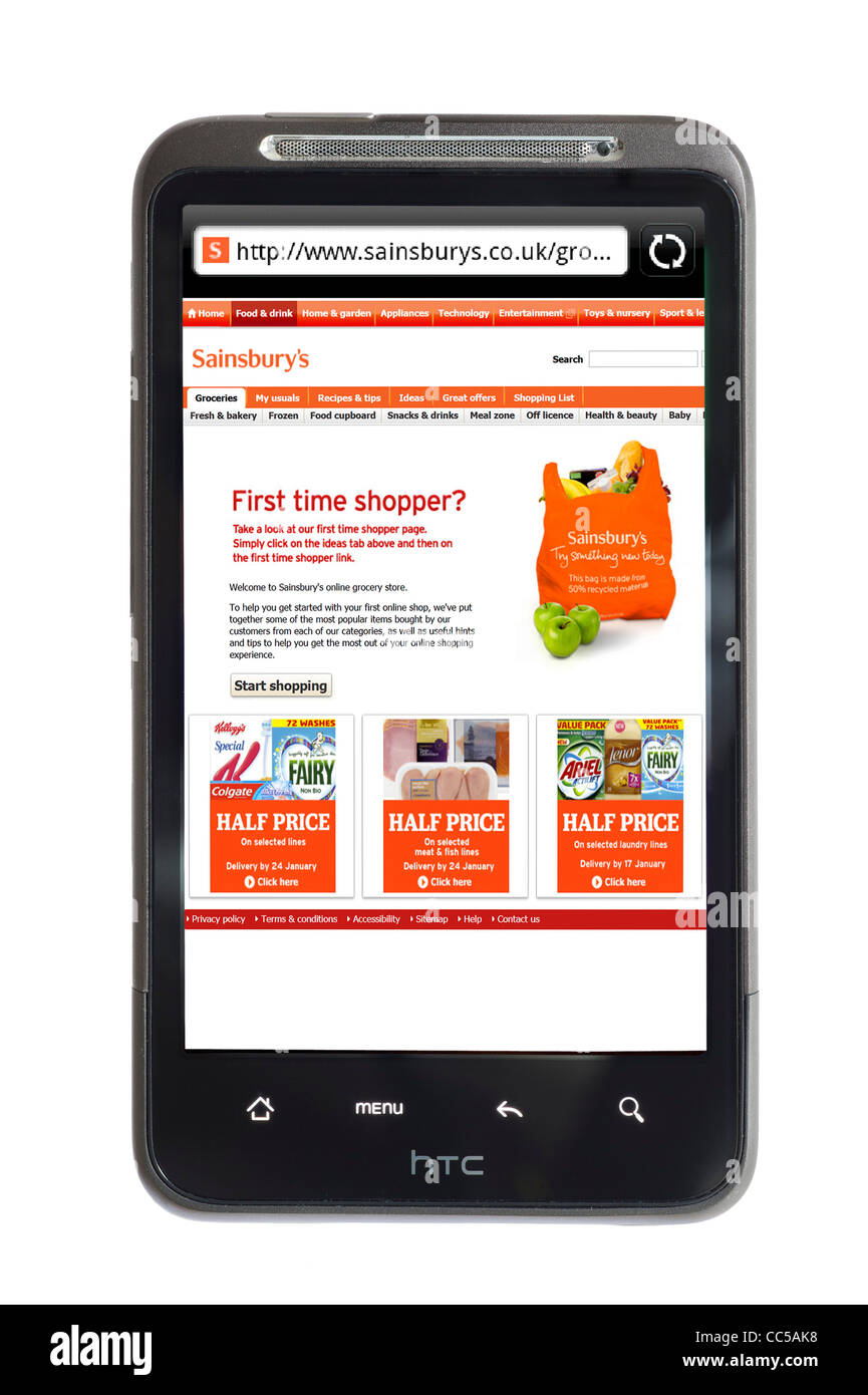 Fare la spesa online presso Sainsbury's su uno smartphone HTC Foto Stock
