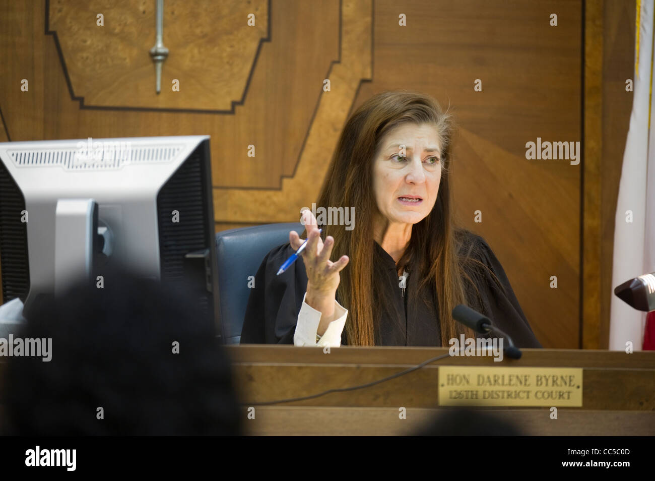 Family Court a legge di giustizia Darlene Byrne routine maniglie bambino custody casi nelle sue aule di tribunale di Austin in Texas Foto Stock